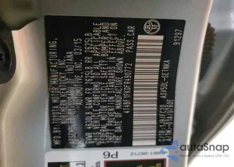 2015 Toyota Camry Le from USA, damaged, VIN 4T4BF1FK0FR490772